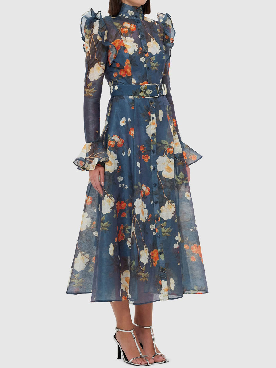 High Collared Neck Printed Ruffled Dress