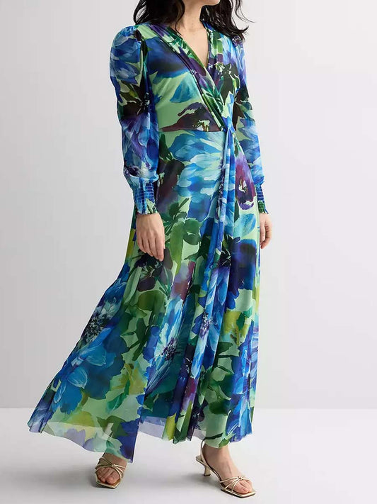 Floral Print V Neck Maxi Dress