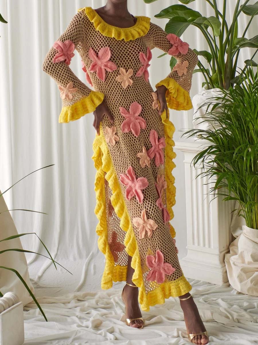 Knitted 3D Flower Slit Hem Beach Dress