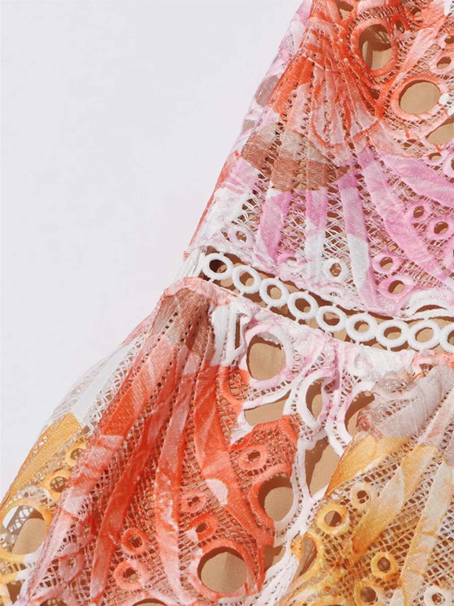 Stand Collar Sleeveless Cut-out Embroidered Dress