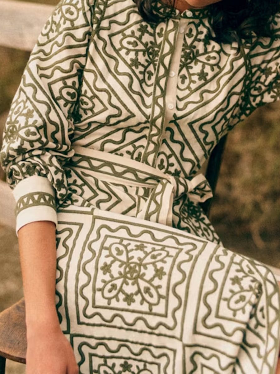 Printed Long Sleeve Belted Dress