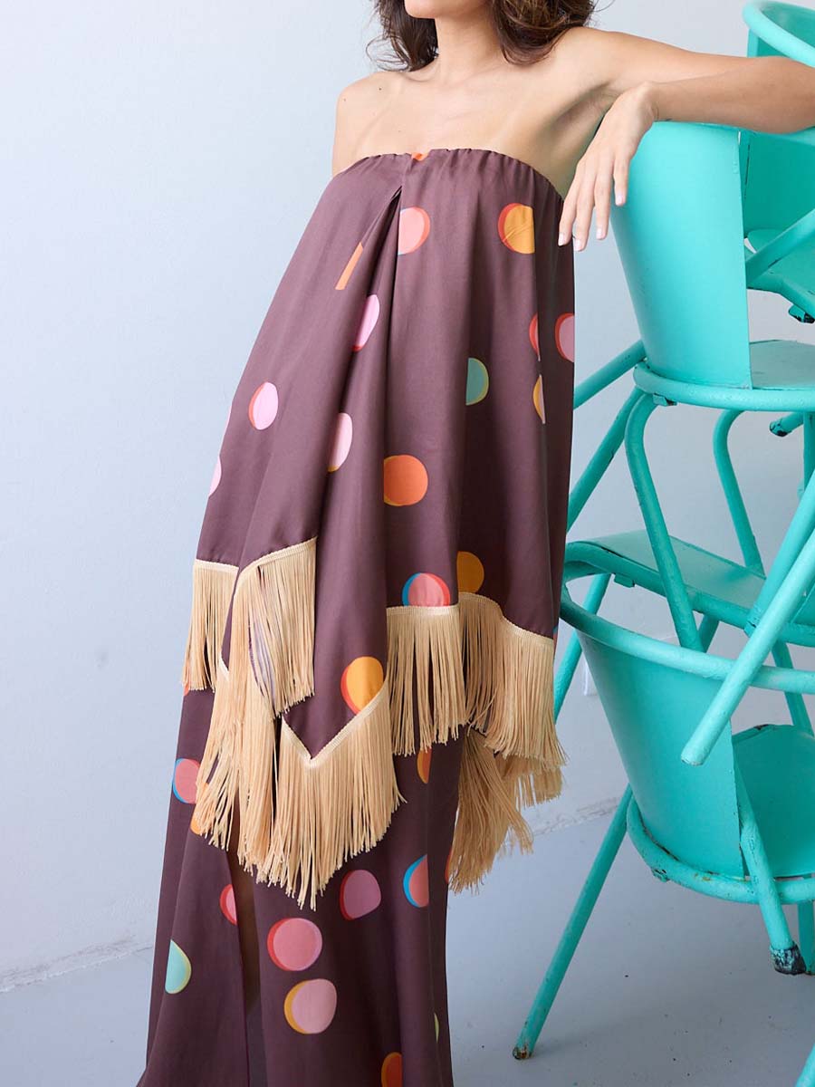 Printed Tassel Slit Hem Strappless Dress