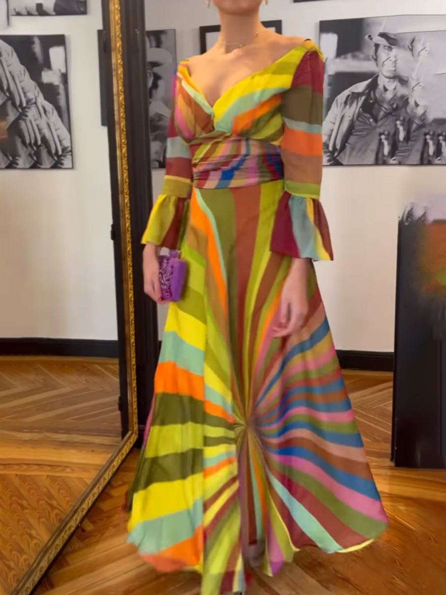 Deep V Neck Printed Bell Sleeves Maxi Dress