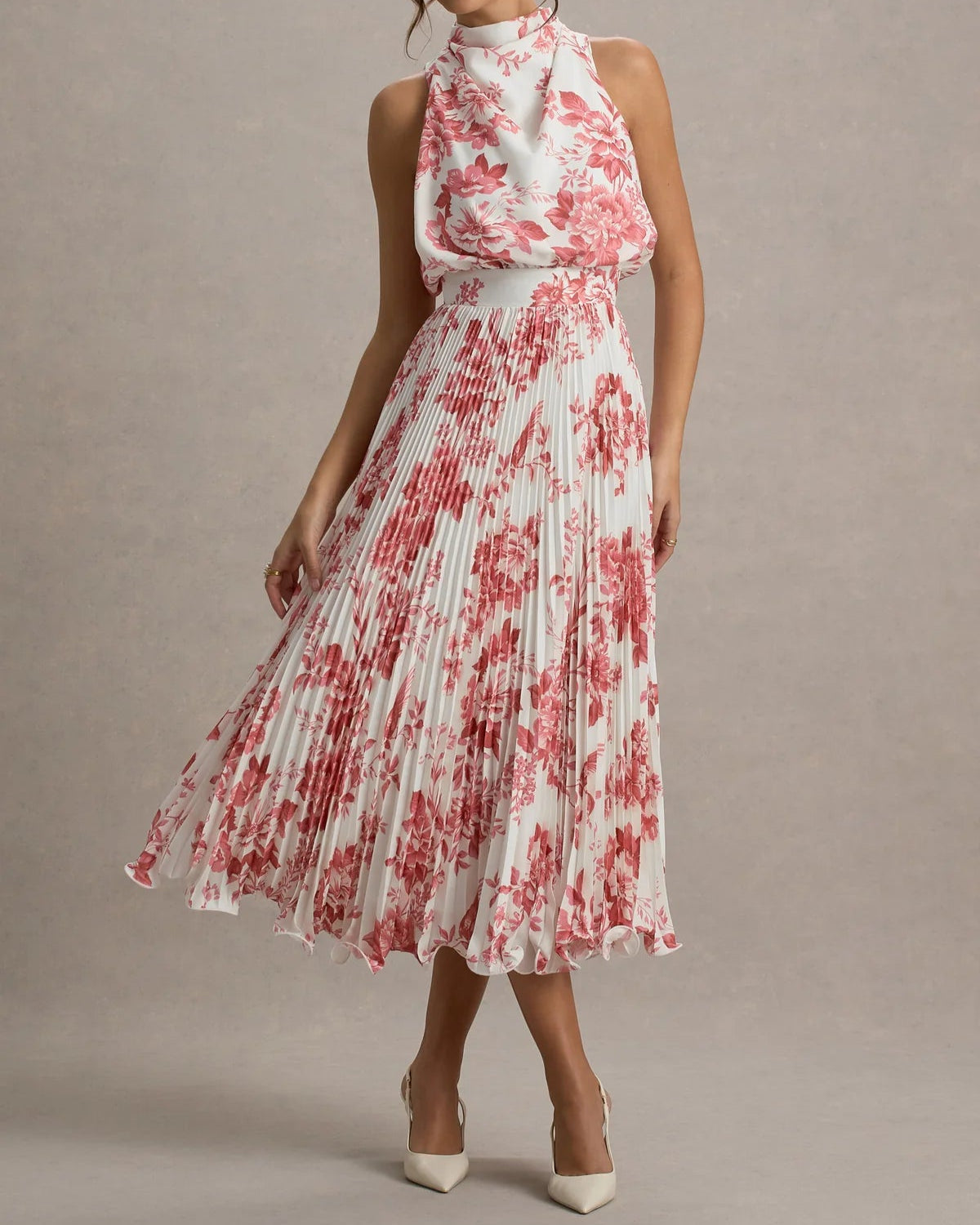 Floral Halter Neck Pleated Dress
