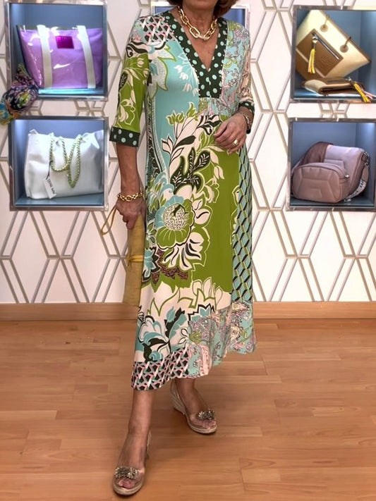 Printed 3/4 Sleeve V Neck Dress