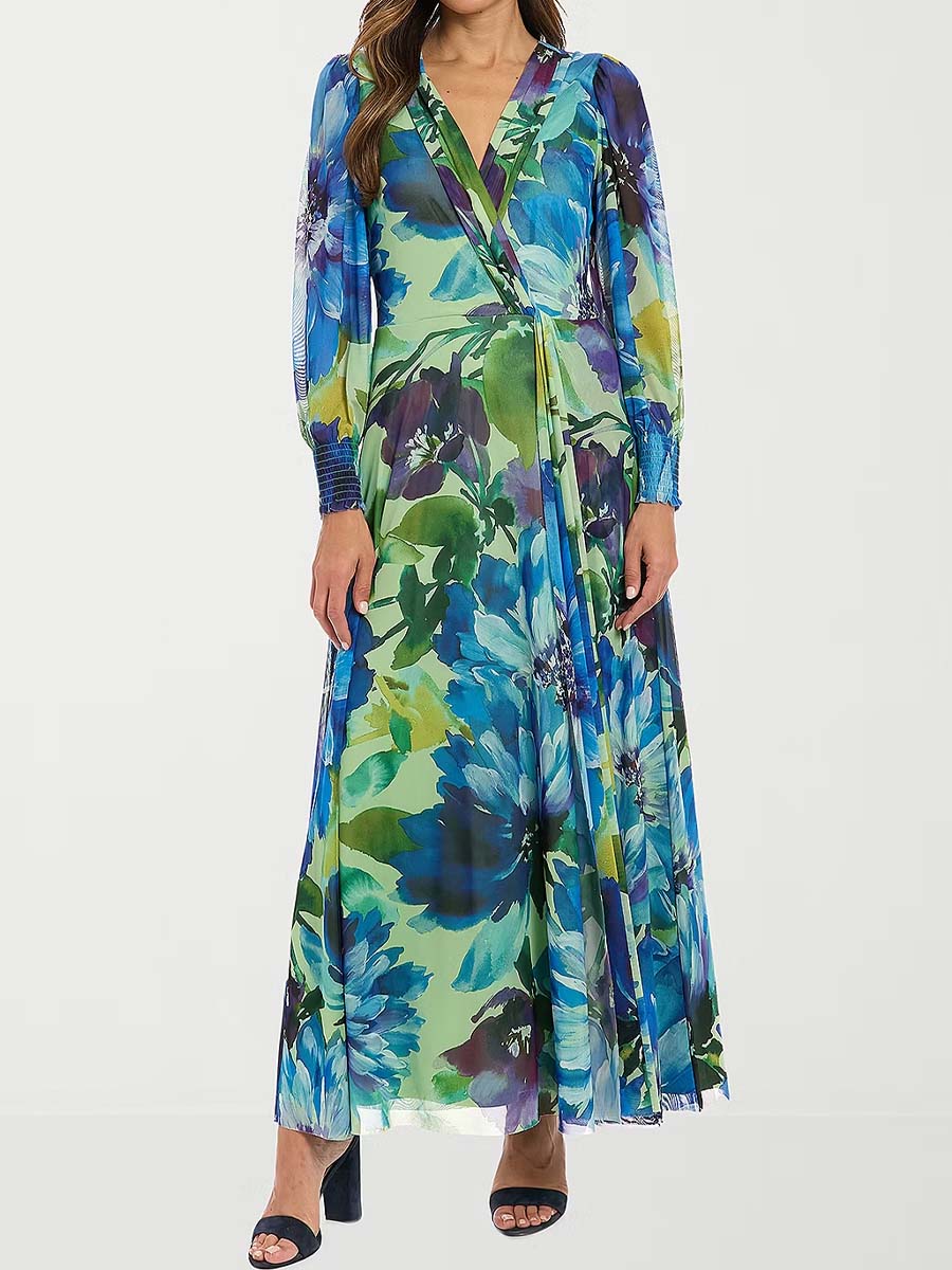 Floral Print V Neck Maxi Dress