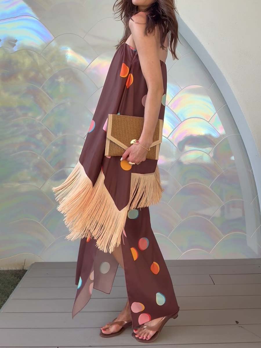 Printed Tassel Slit Hem Strappless Dress