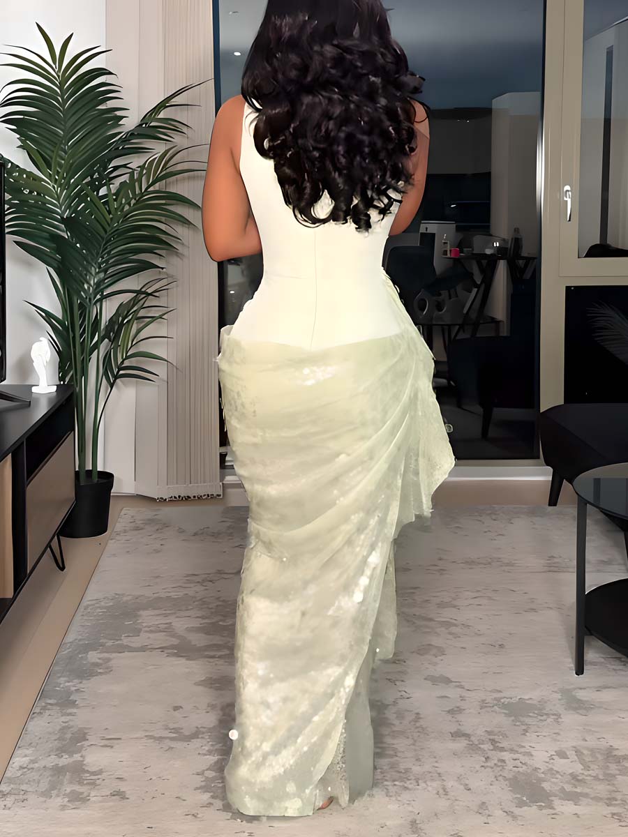 Sequin Draped Mesh Dress