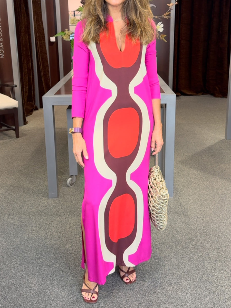 Placement Print Split Neck Slit Hem Dress