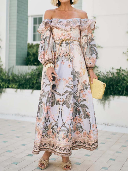 Printed Sexy Off Shoulder Lantern Sleeve Dress