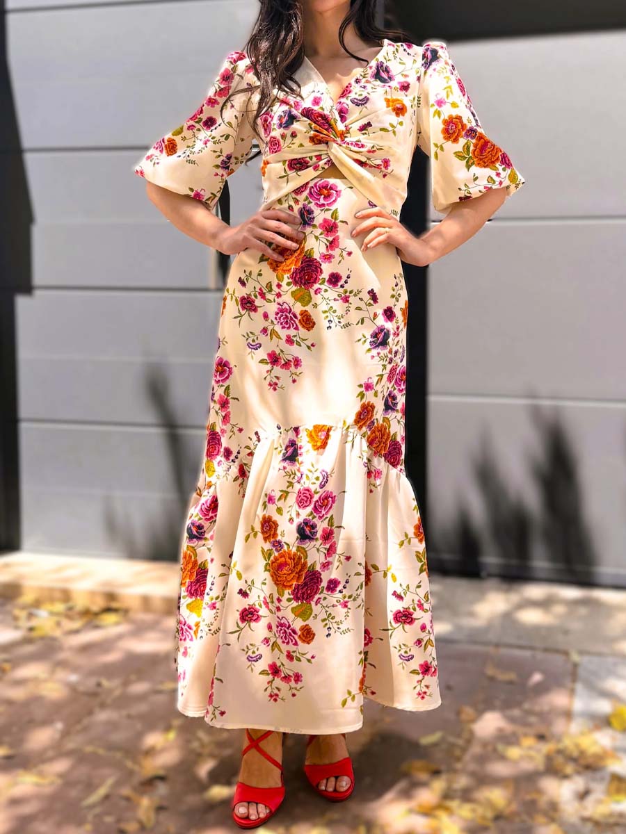 Knotted Printed Bubble Sleeve Dress