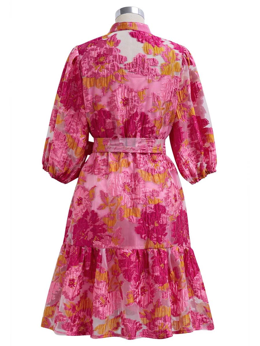 Floral Jacquard Puff Sleeves Organza Dress