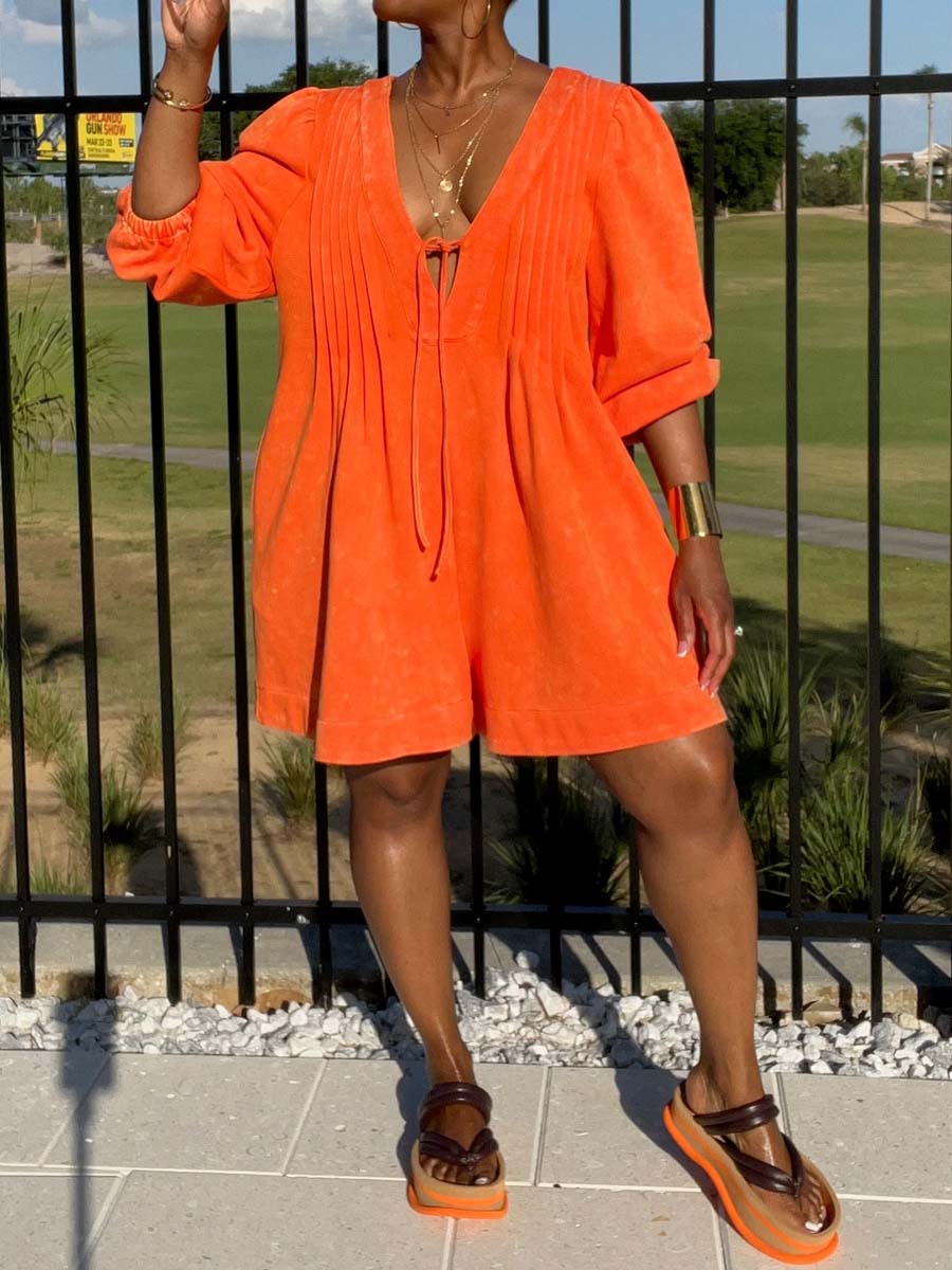 Pockets V Neck Pleated Romper