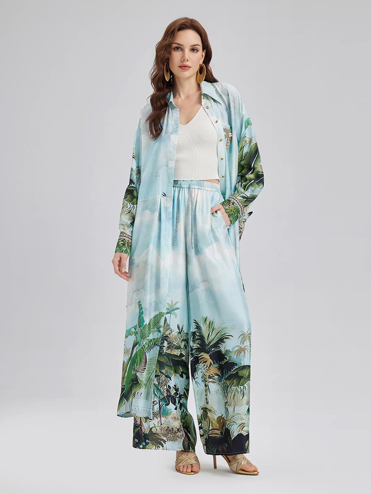 Tropical Print Shirt & Wide - Leg Pants Set
