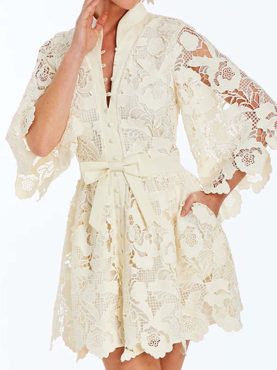 Elegant Lace Bow Mini Dress