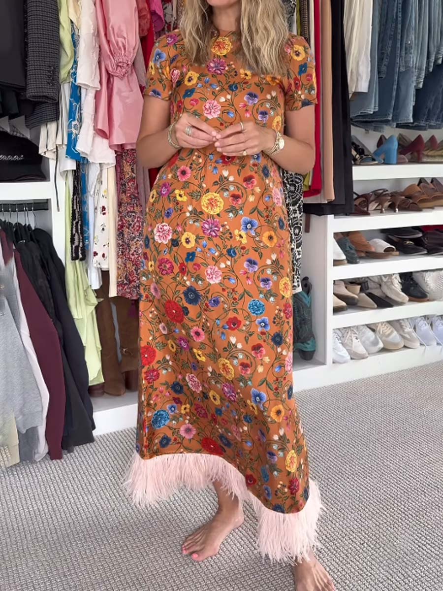 Elegant Feather Patchwork Printed Dress