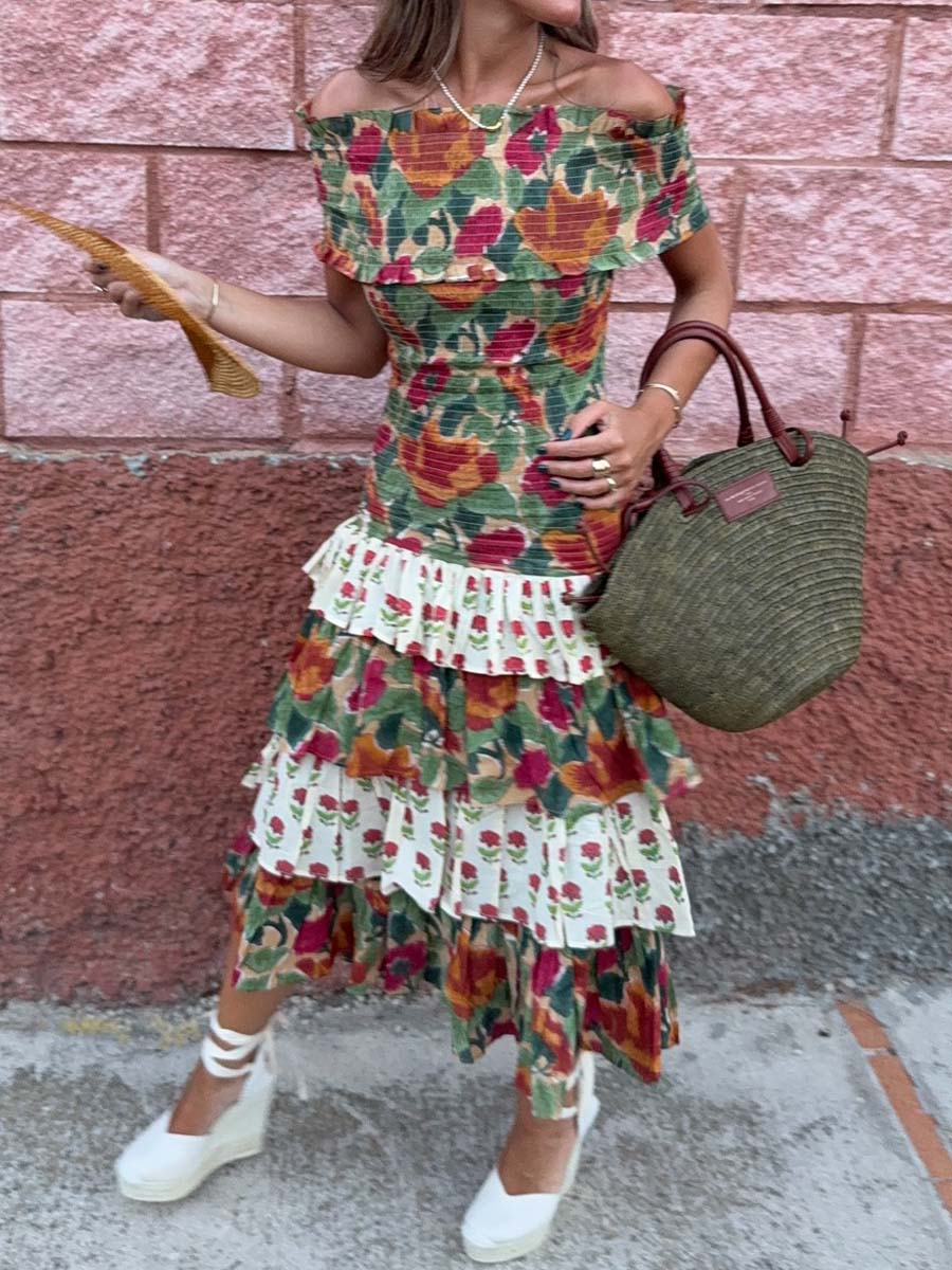 Floral Print Off Shoulder Fold Dress