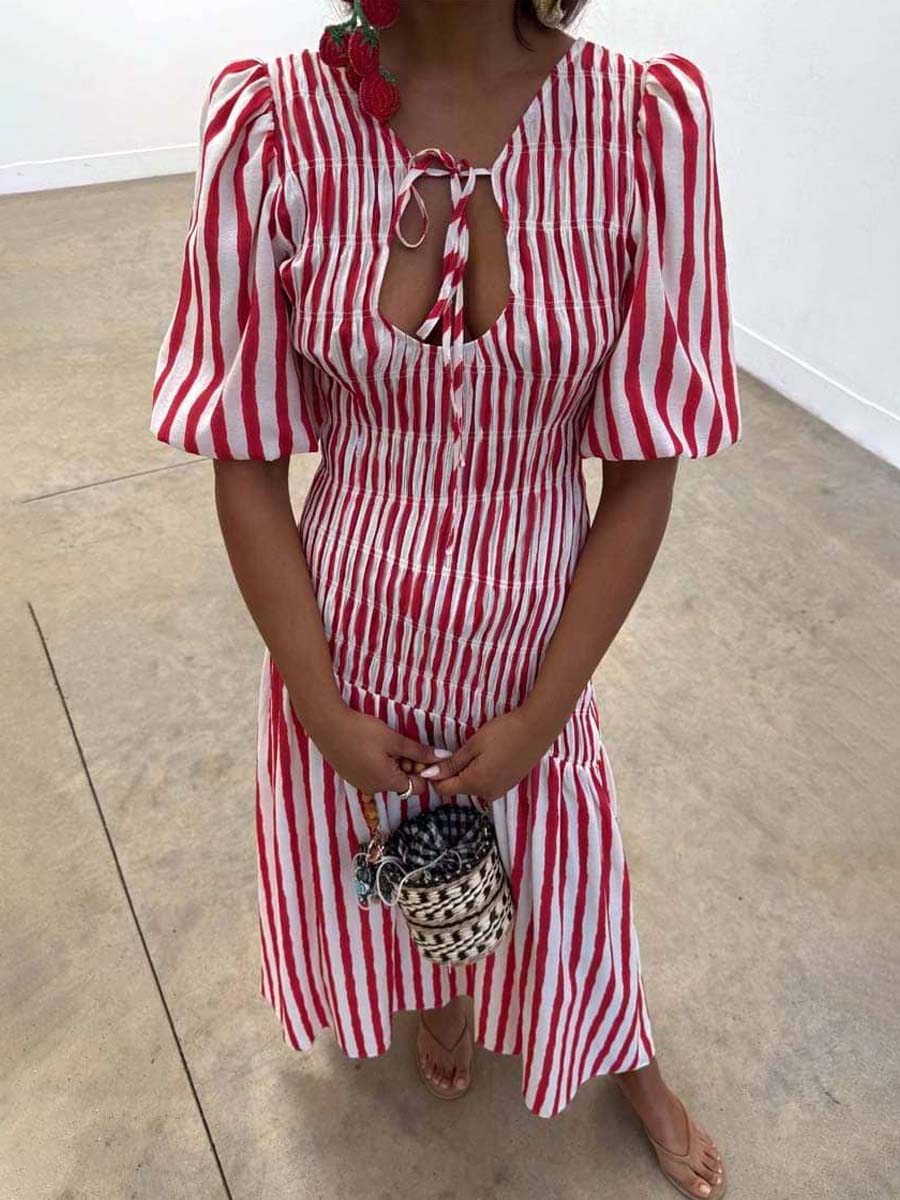 Elastic Shirring Tie Neck Dress