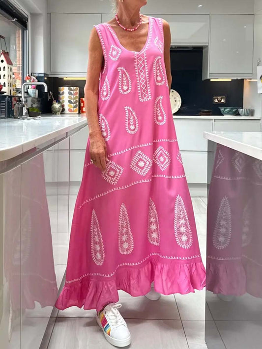 Deep V Neck Sleeveless Printed Maxi Dress