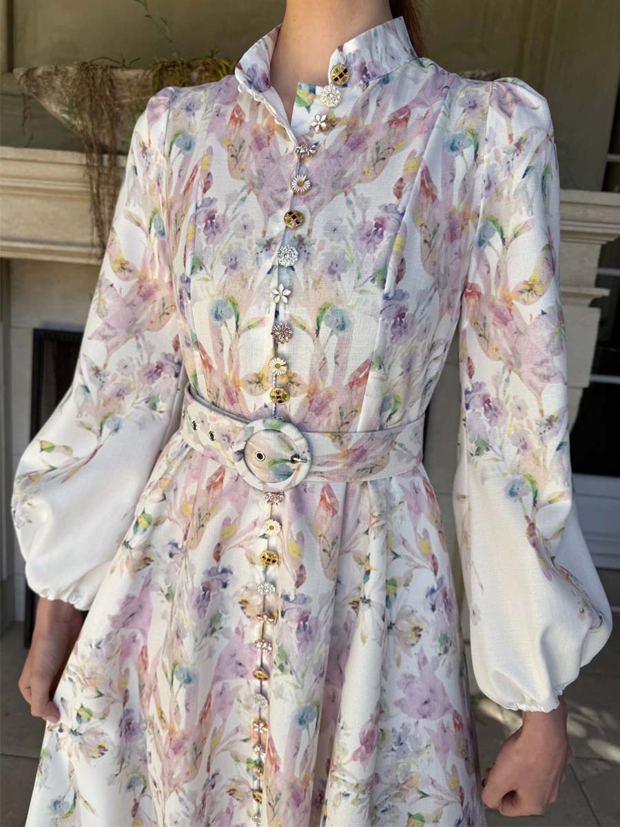 Single-breasted Placement Print Belted Dress