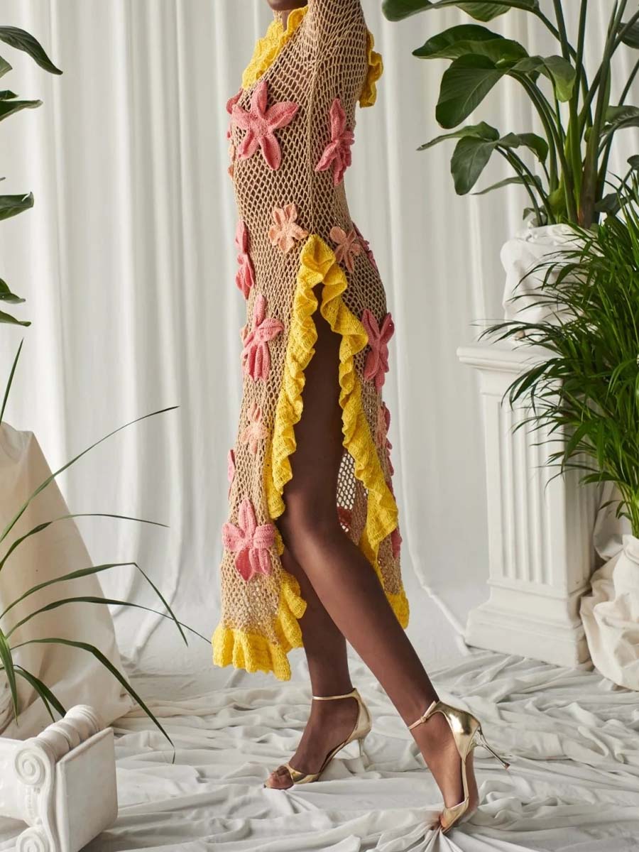 Knitted 3D Flower Slit Hem Beach Dress