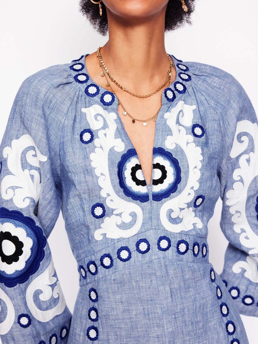 Split Neck Embroidered Maxi Dress