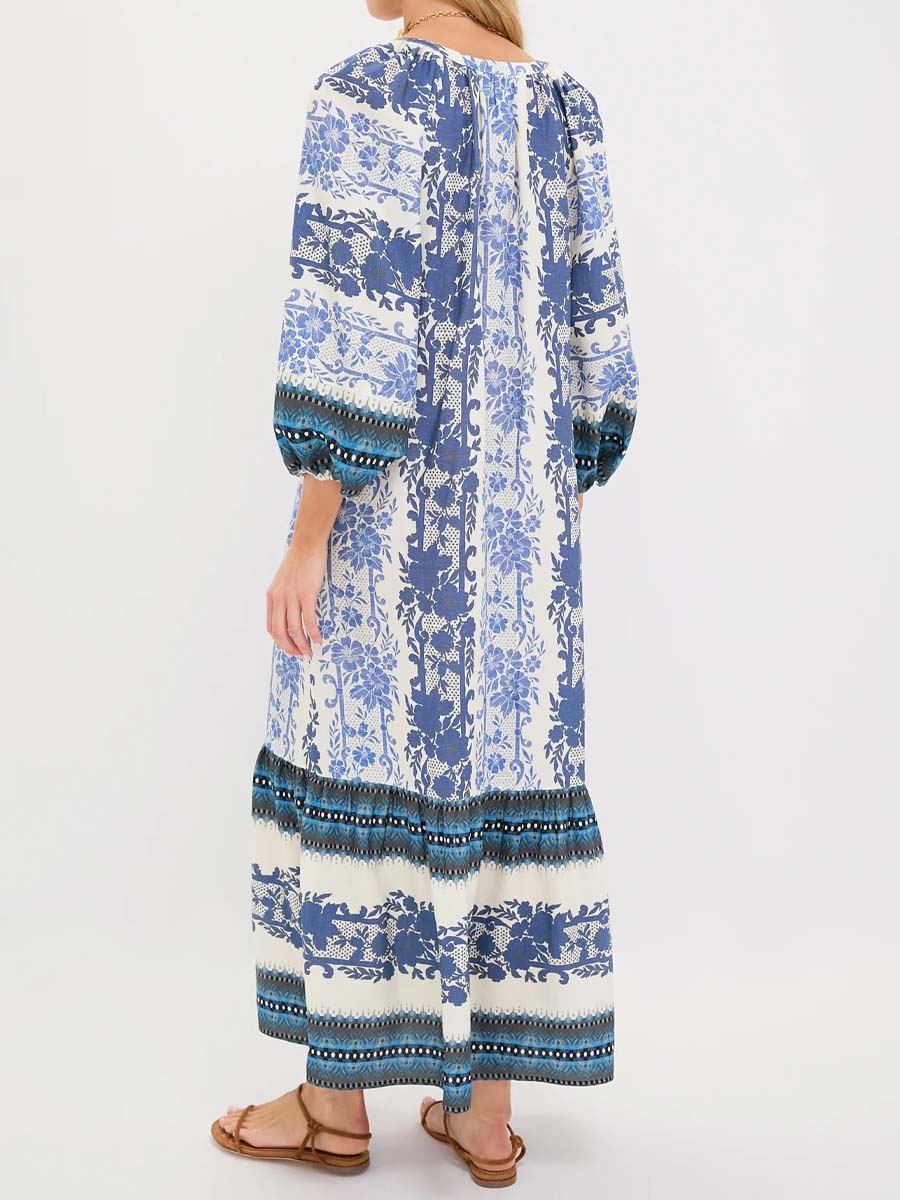 Split Neck Printed Long Slleve Mai Dress