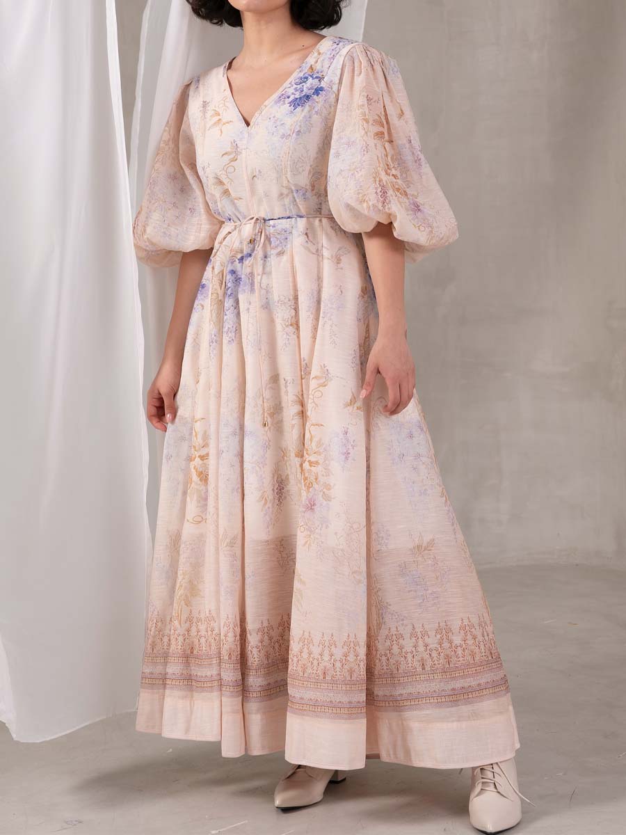 Elegant Printed V Neck Puff Sleeve Dress