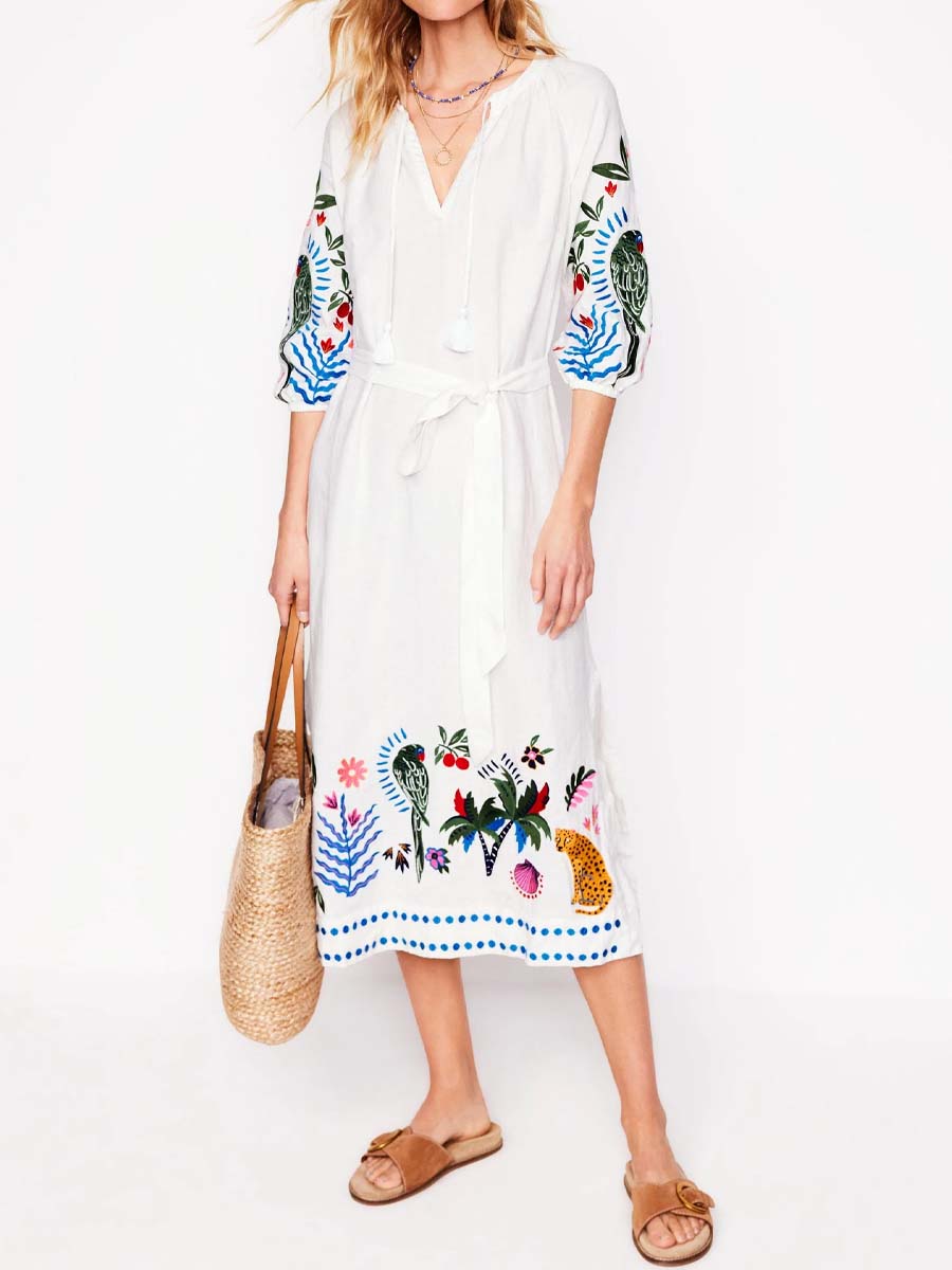 Embroidered V Neck Tassel Dress