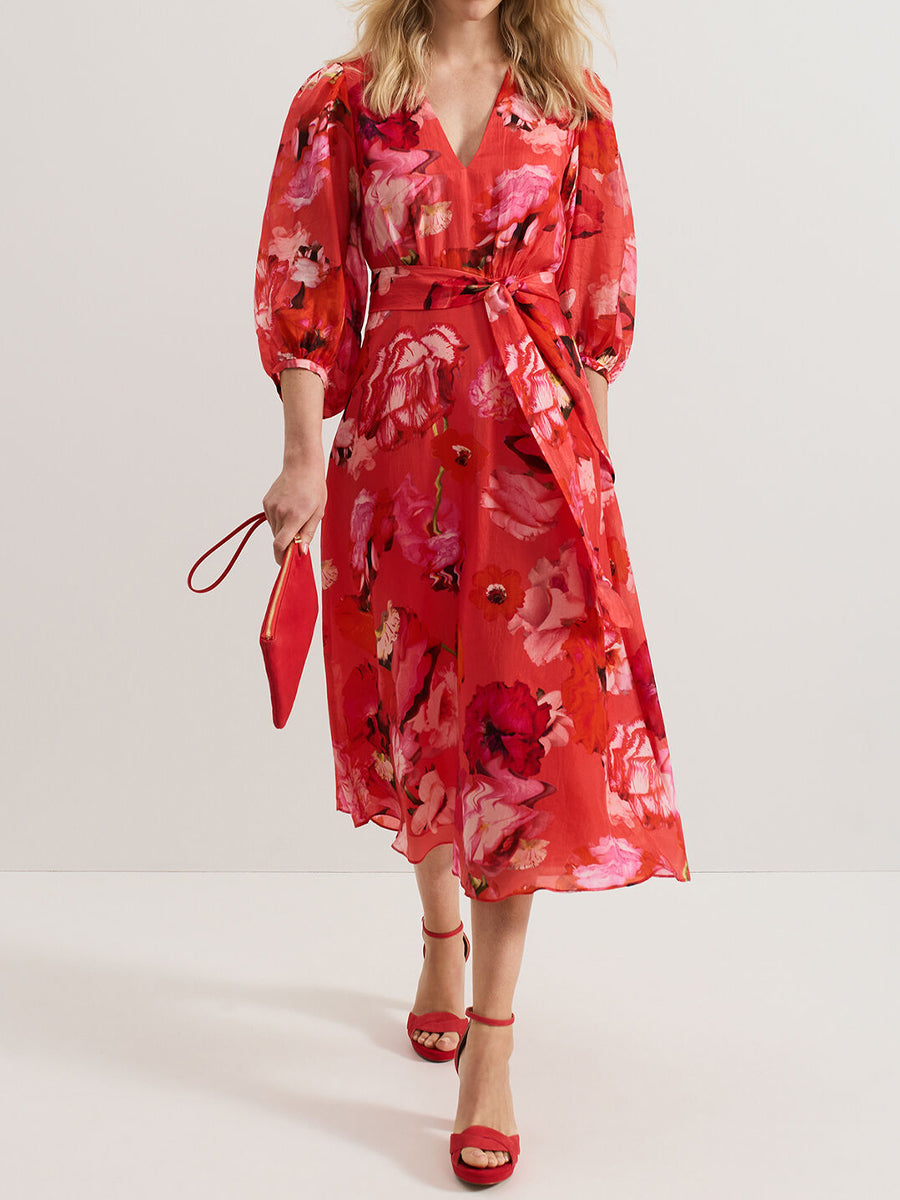 Printed V Neck Belted Midi Dress