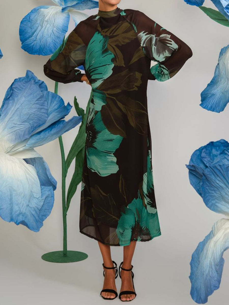 Stand-up Collar Printed Midi Dress