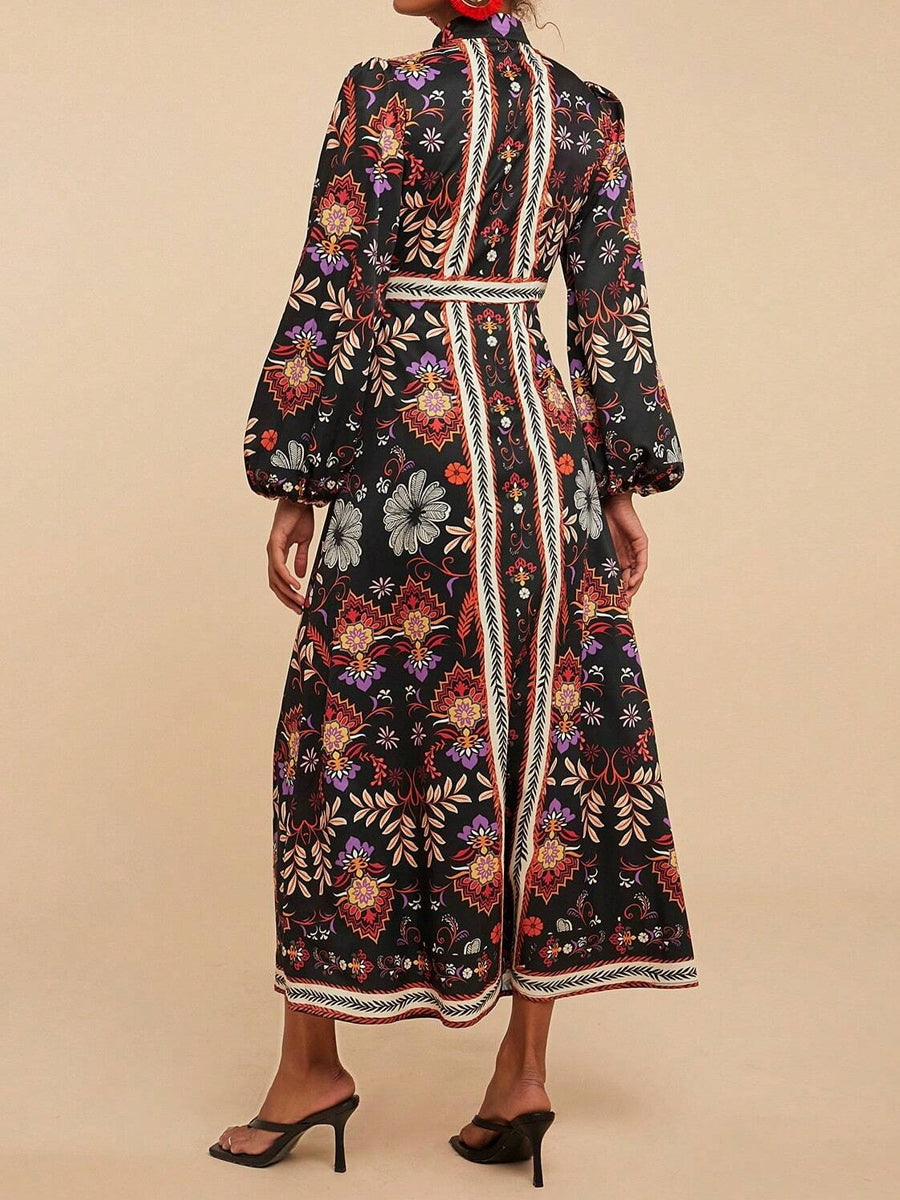 Floral Print V Neck Puffy Long Sleeve Dress