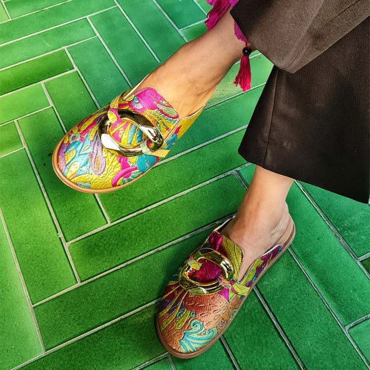 Printed Metal-Embellished Flat-Bottom Slippers