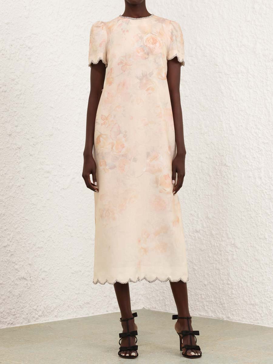 Placement Print Crystal Trims Midi Dress