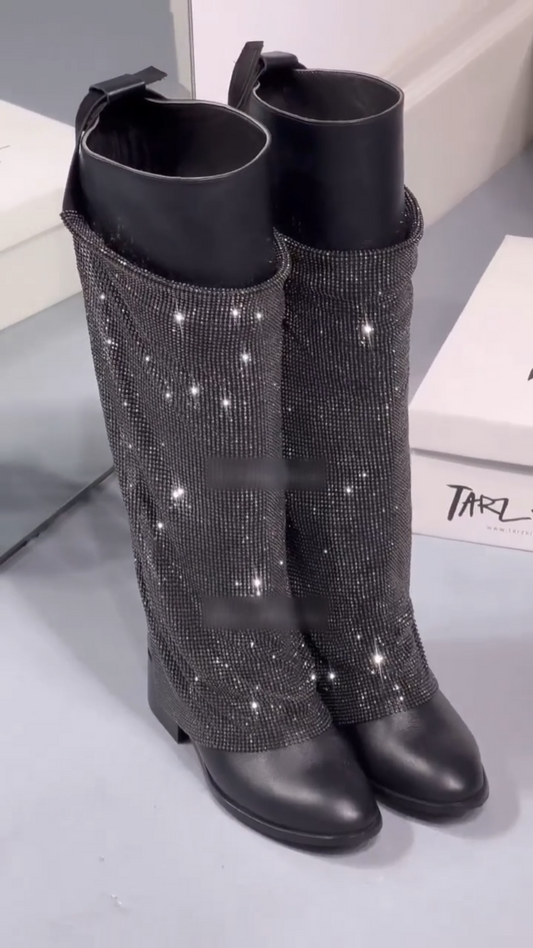 Black Rhinestone Knee High Boots
