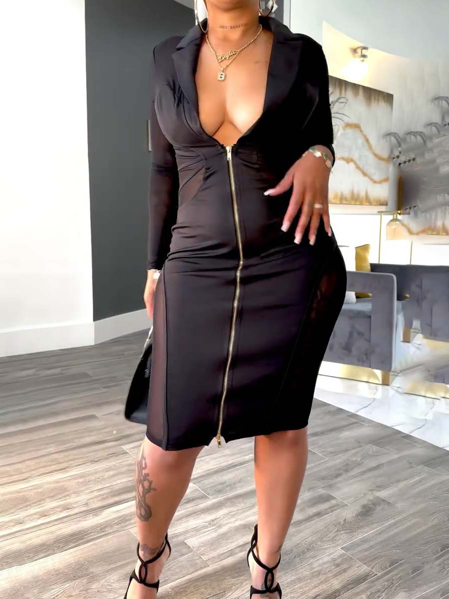 Deep V Neck Mesh Patchwork Stretch Dress