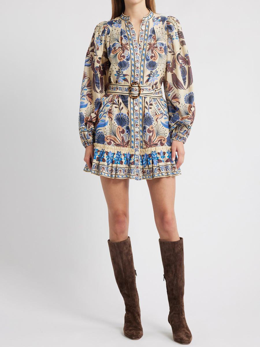 Printed Long Sleeve Belted Minidress