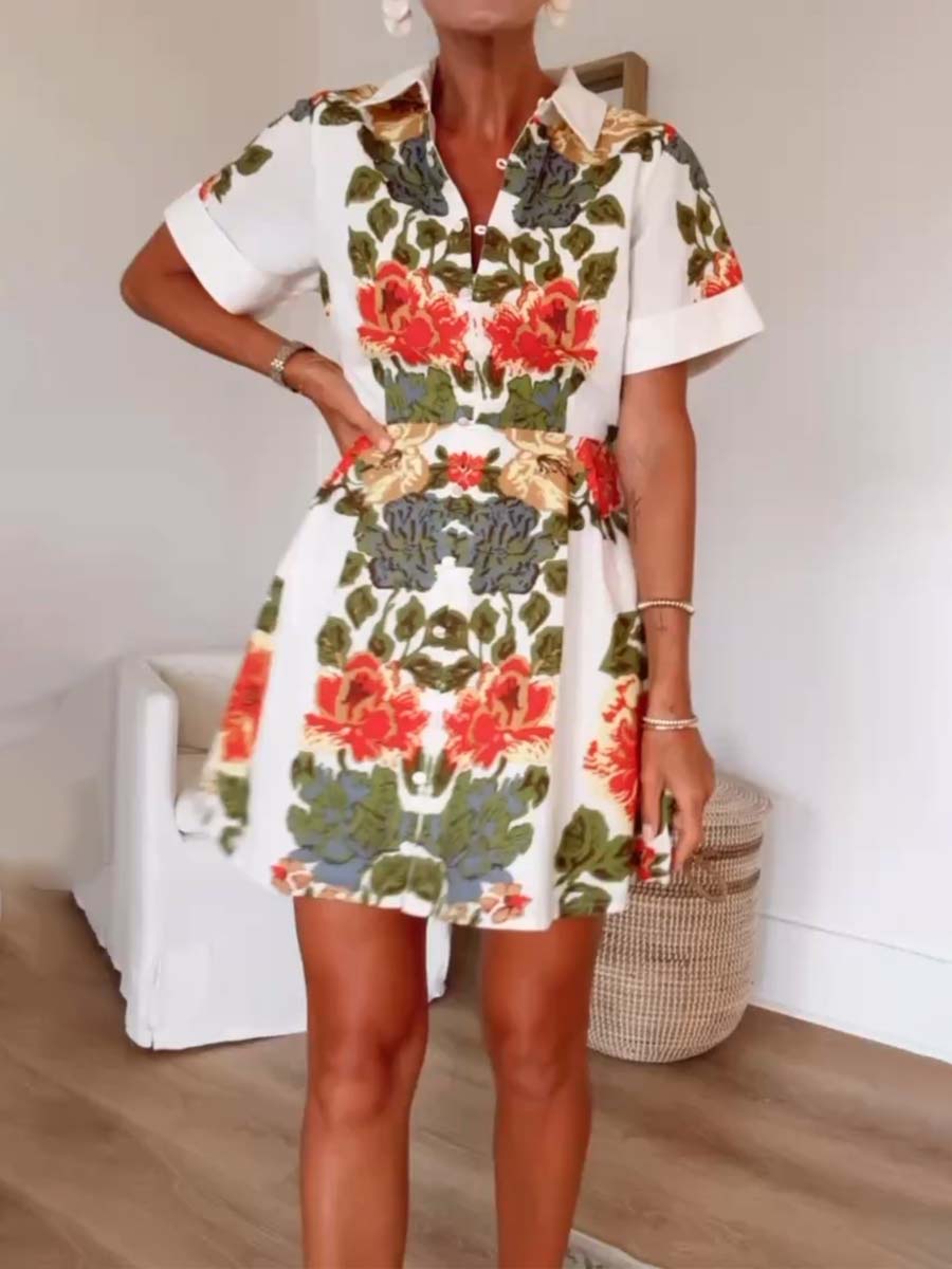 Printed Elastic Waist Short Sleeve Dress