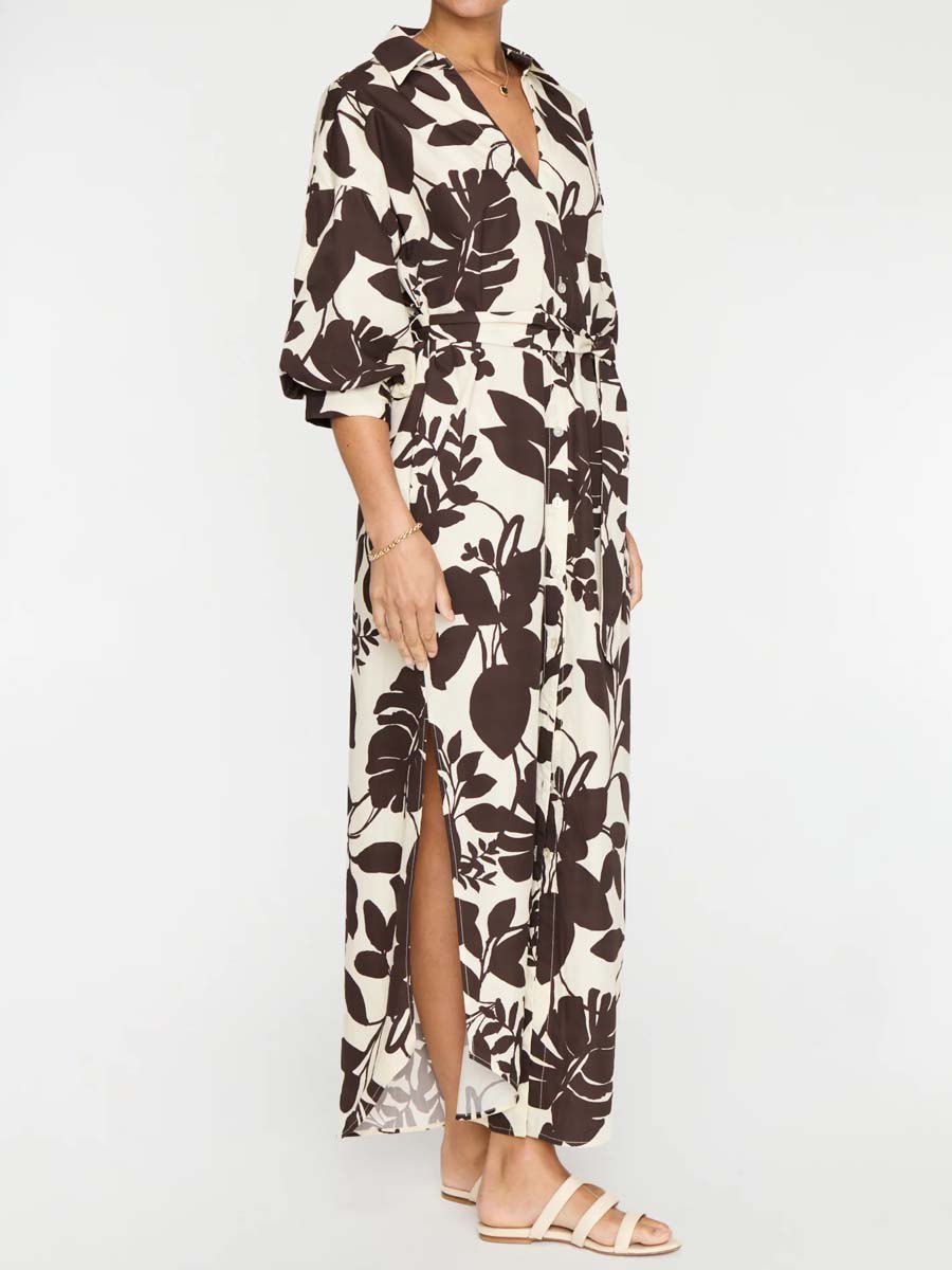 V Neck Slit Hem Printed Maxi Dress