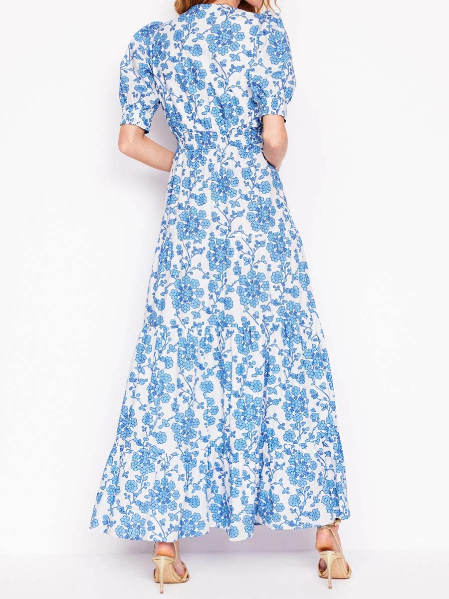 Printed V Neck Puff Sleeve Maxi Dress