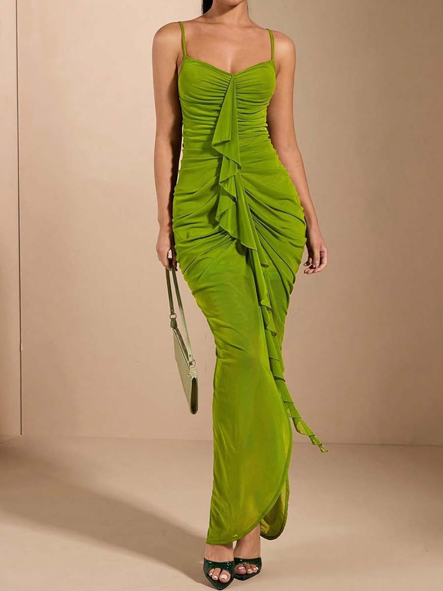 Ruffle Ruched Draped Split Maxi Dress