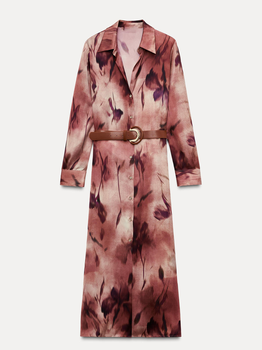 Printed Button Up Belted Midi Dress