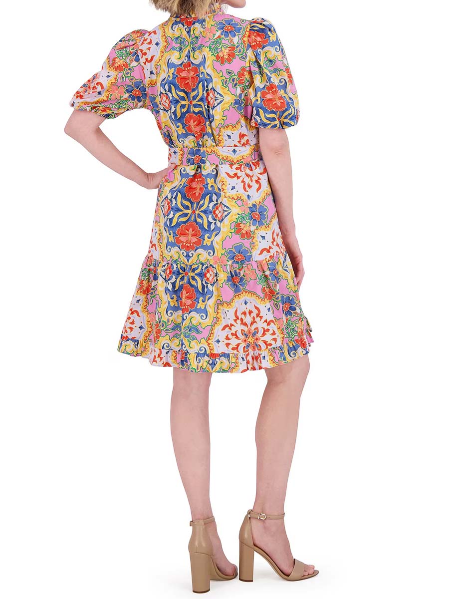 Floral Print V Neck Short Sleeve Tie Waist Dress