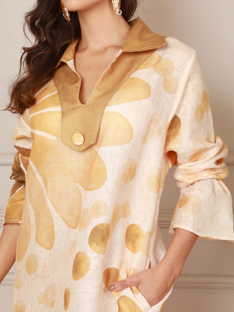 Printed Split Neck Slit Hem Loose Dress