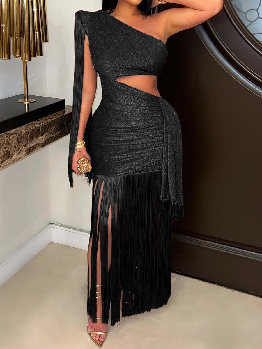 Asymmetric One-shoulder Tassel Dress