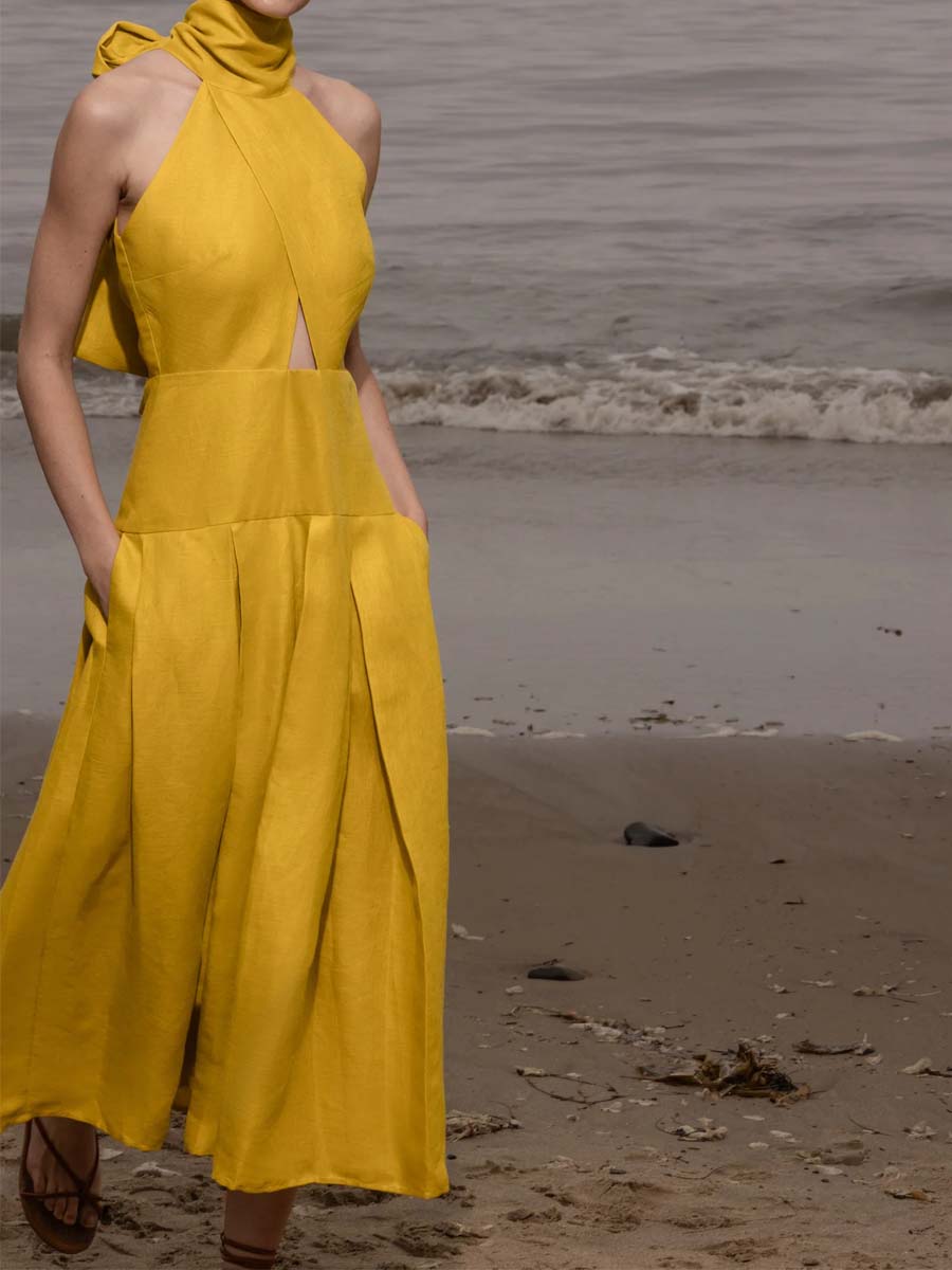 Scarf Collar Pockets Pleated Dress