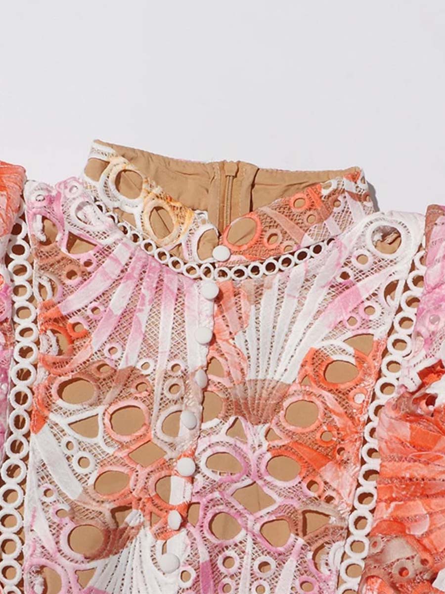 Stand Collar Sleeveless Cut-out Embroidered Dress