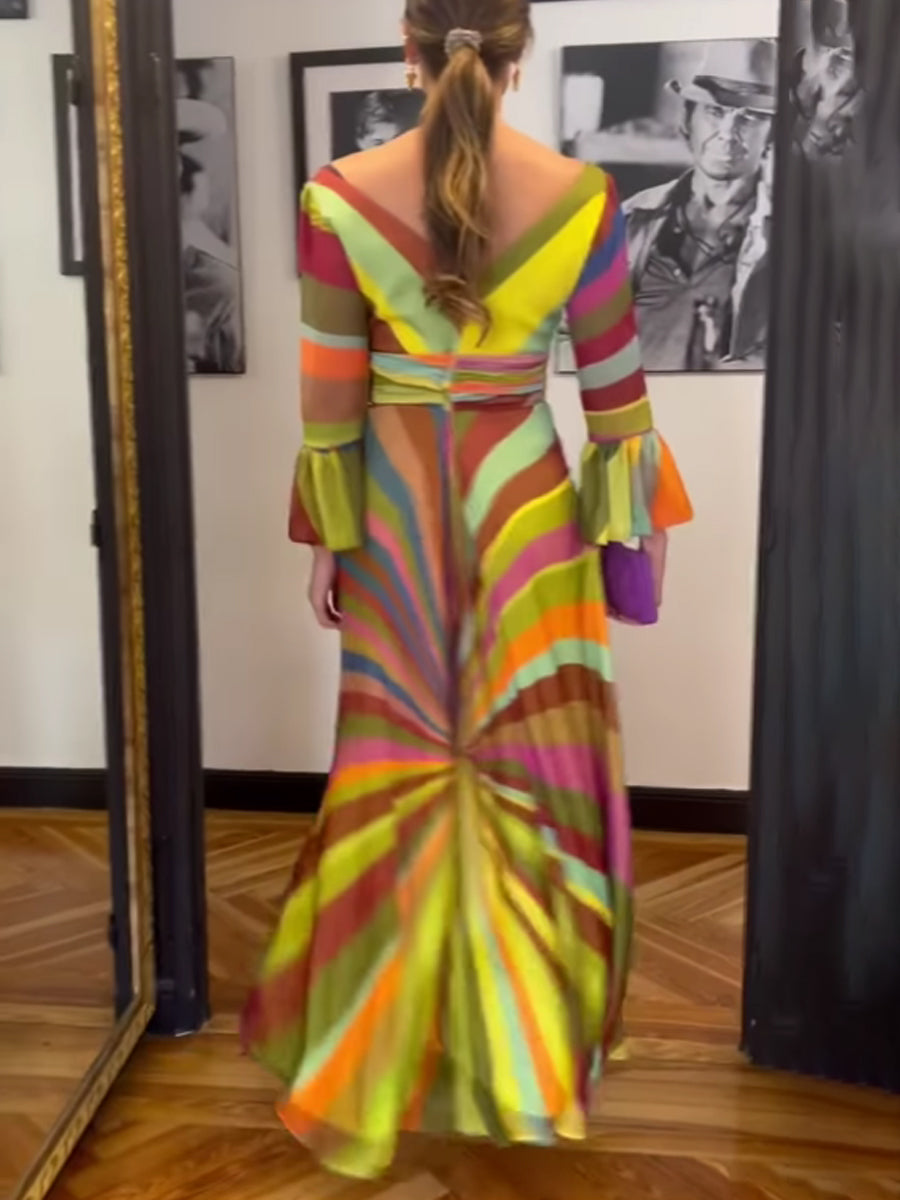 Deep V Neck Printed Bell Sleeves Maxi Dress