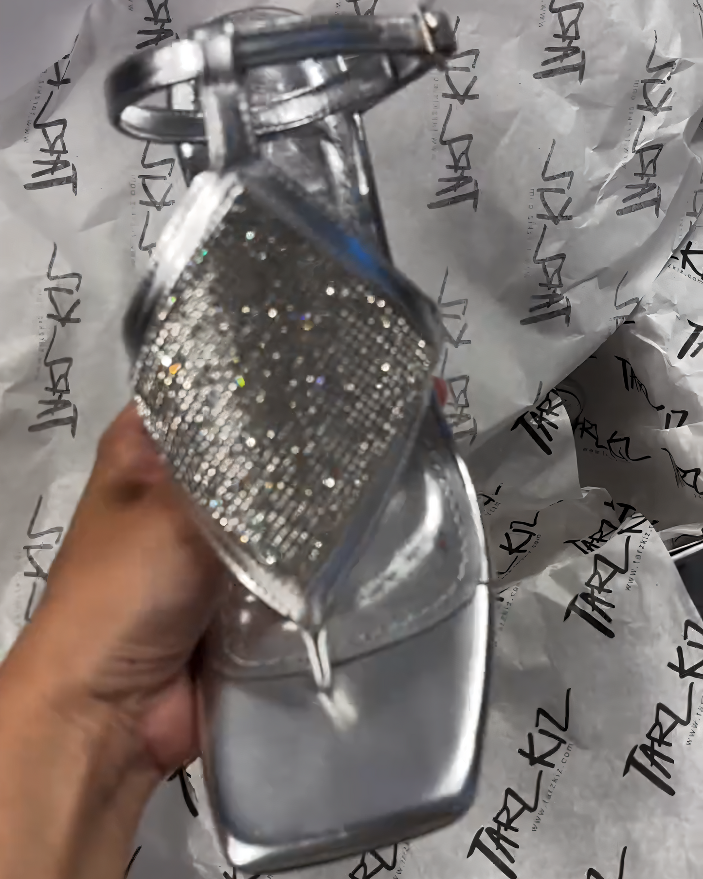 Silver Rhinestone - Embellished Heeled Sandals