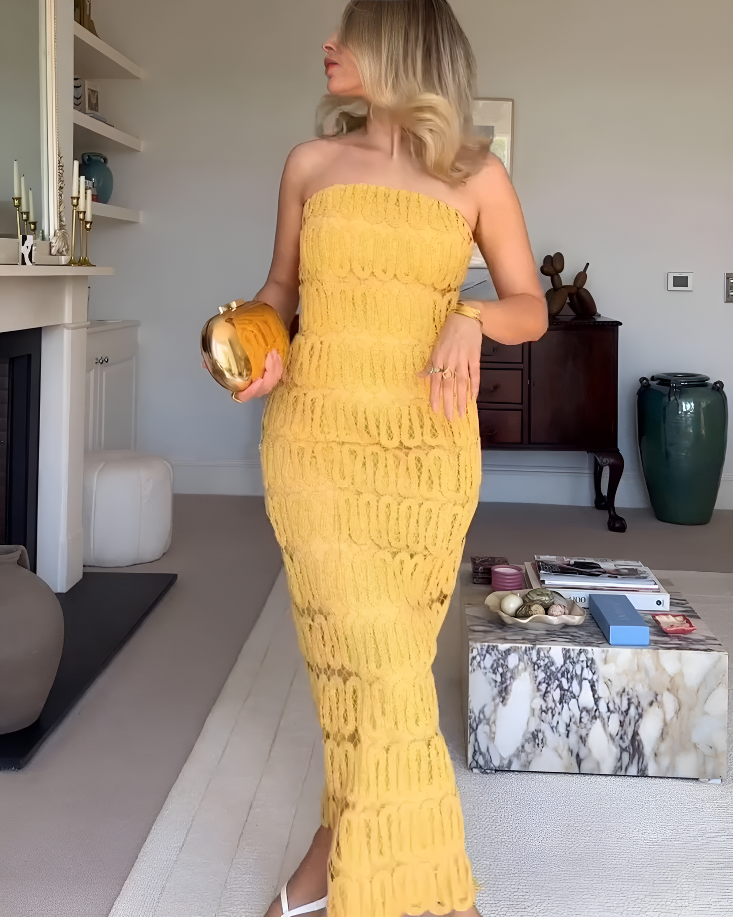 Yellow Strapless Lace Maxi Dress